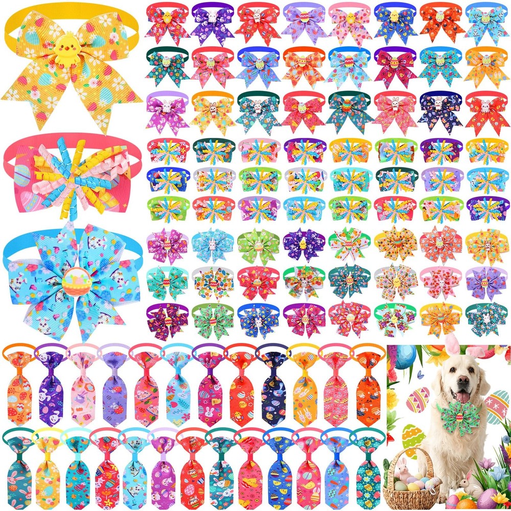 100 Pcs Easter Dog Bow Tie Collar Bulk Bunny Bow Tie Adjustable Easter Egg Ra...