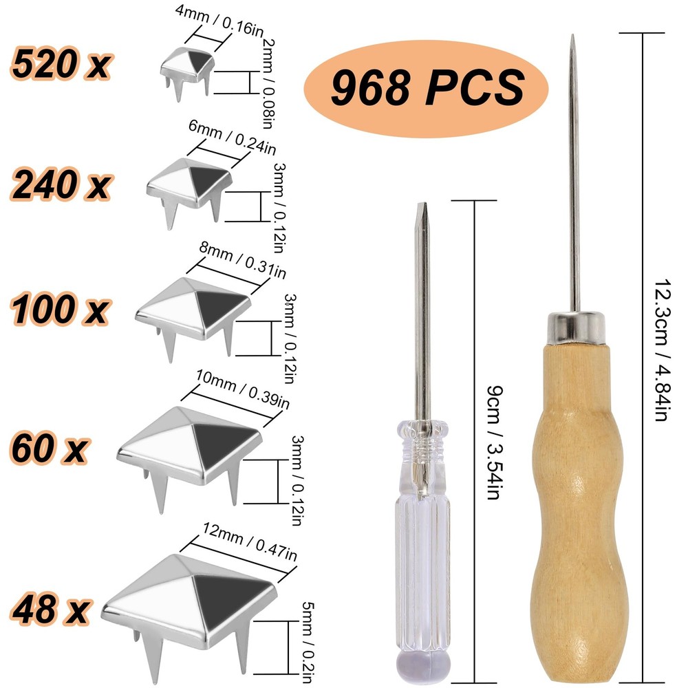 968 Pcs Assorted Sizes Square Pyramid Studs Prong Studs for Clothing Leather ...