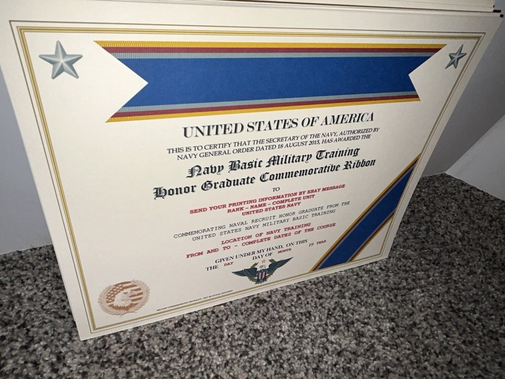 NAVY BOOT / B.T. HONOR GRADUATE COMMEMORATIVE CERTIFICATE ~ W/PRINTING TYPE-1