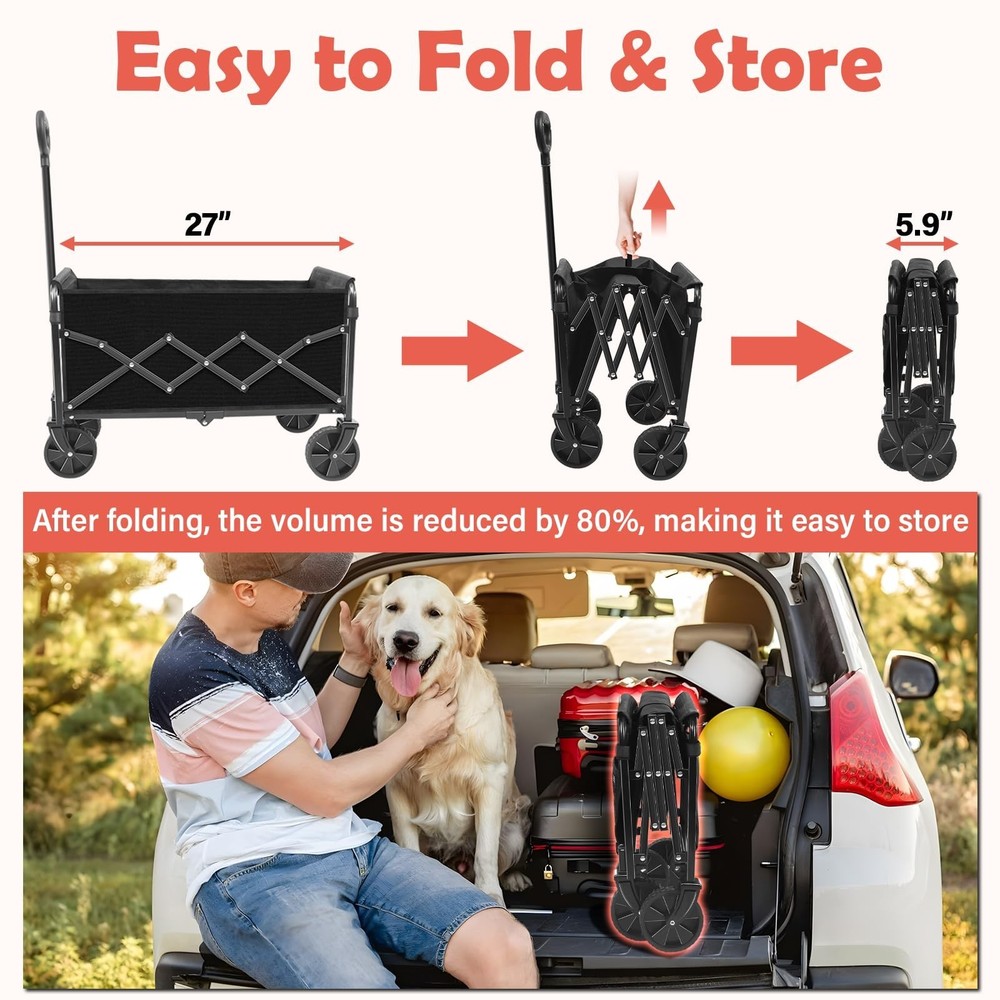 Wagons Carts Foldable, 360 Lbs with Adjustable Handle, Black Lightweight Port...