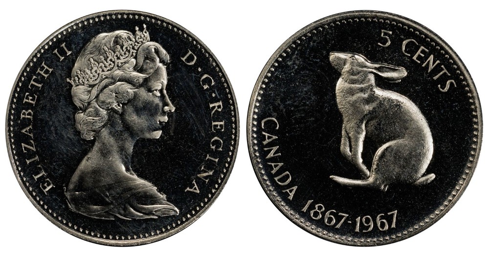 1967 Canada 5 Cent MINT ERROR, 150° CW Rotated Dies - PCGS PROOF-LIKE 65