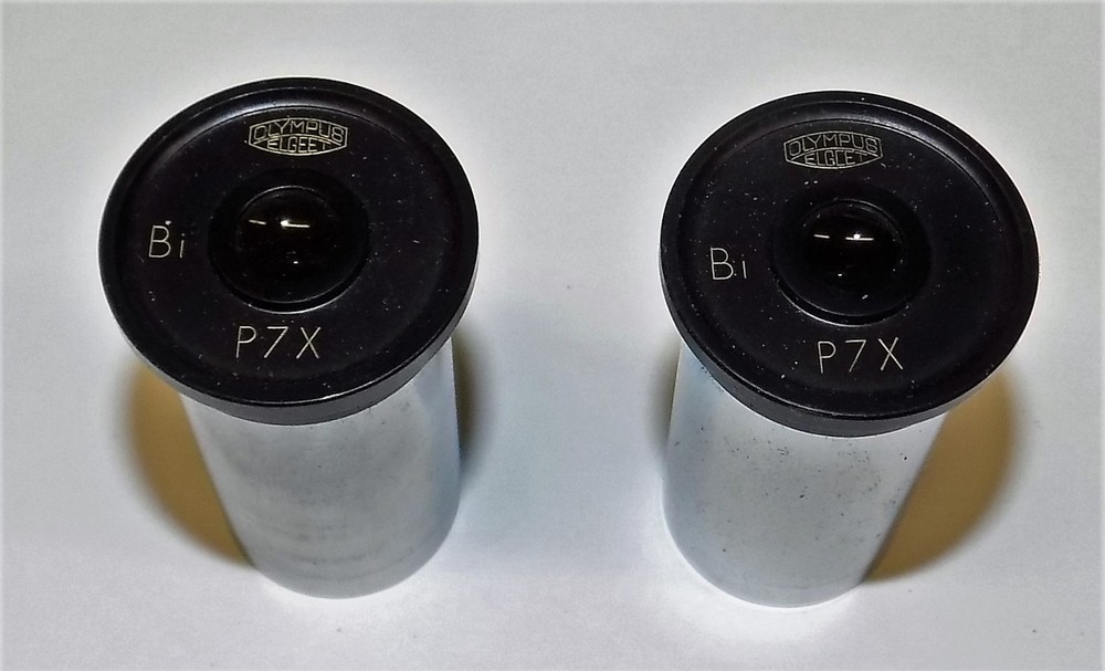 TWO OLYMPUS P7X OCULARS MICROSCOPE EYEPIECE OPTICAL OCULAR