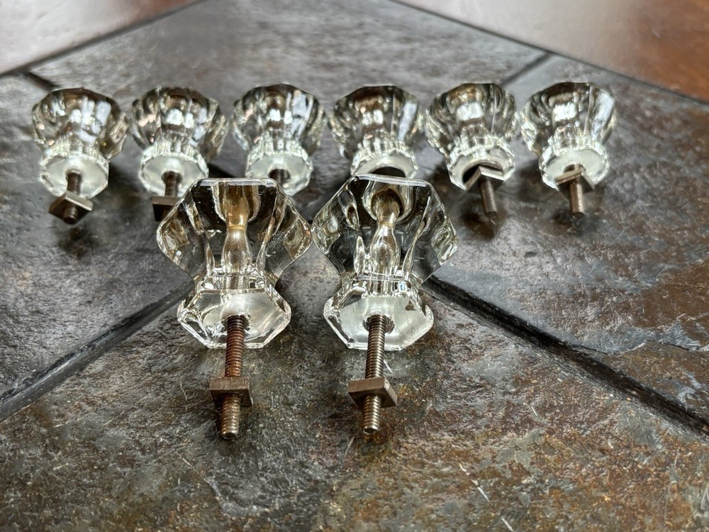 8 Vintage Antique Crystal Glass Hexagon Pulls Knobs for Cabinets/Drawers