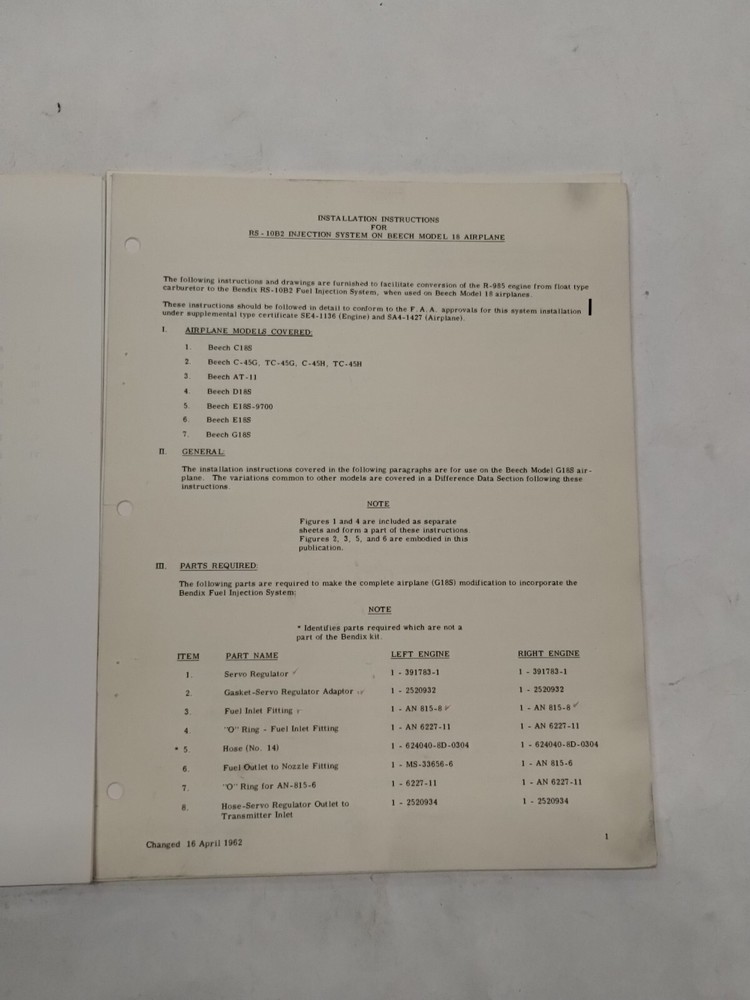 Bendix Model RS-10B2 Fuel Injection System Installation Instructions-Original