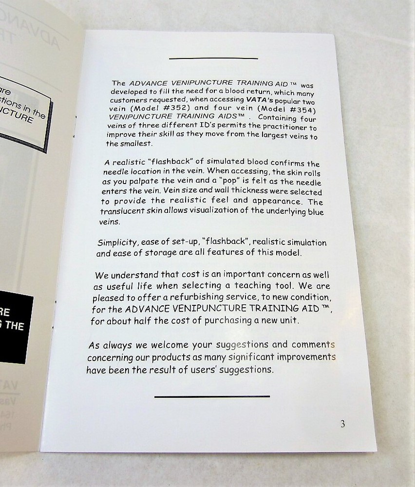 Ventipuncture Training Aid Instruction Manual #365 Vata Inc. New