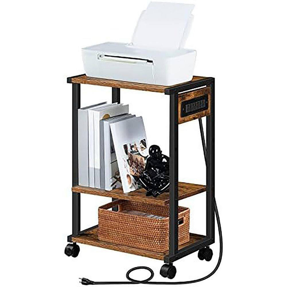3-Tier Rolling Printer Stand with Charging Station and Adjustable Shelf, Rustic
