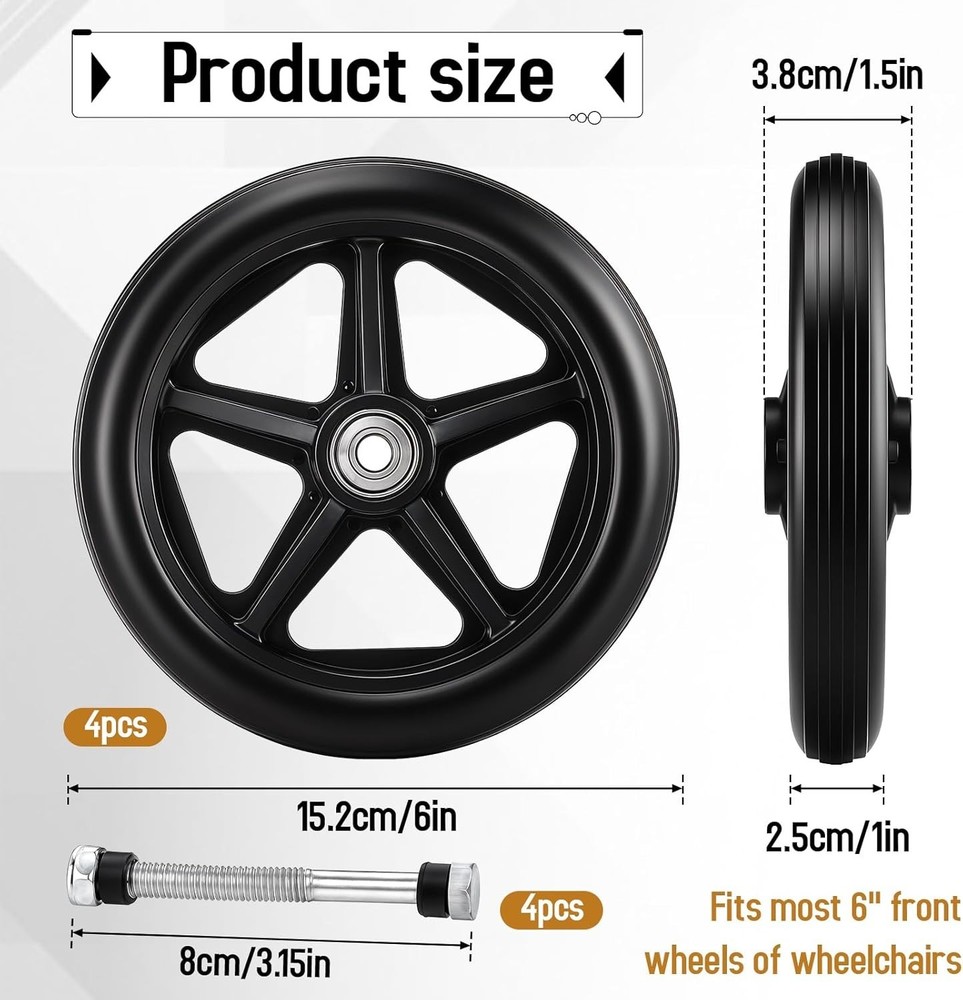 4 Pack 6" Solid Wheelchair Walker Rollator Front Wheels w/ Axles
