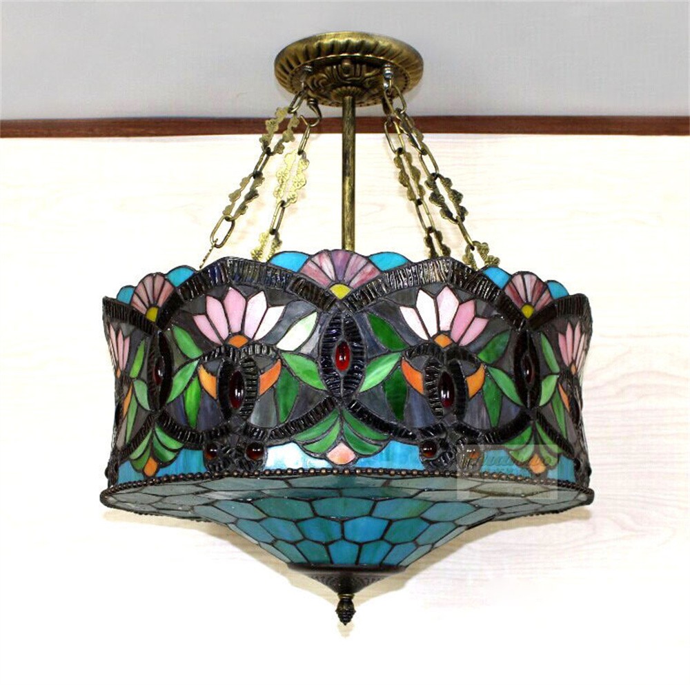 Victorian Semi Flush Mount Handcrafted Lotus Pattern Stained Glass Ceiling Light