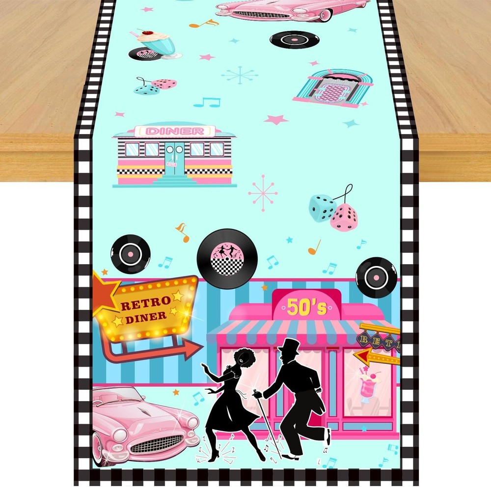1950s Theme Table Runner, 50s Rock and Roll Retro Diner Linen Fabric Table Ru...