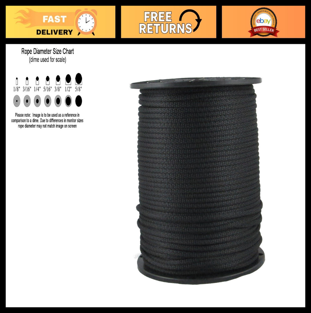 3/16" Black Polyester Utility Rope - 500ft Solid Braid Dacron, Low Stretch, UV R