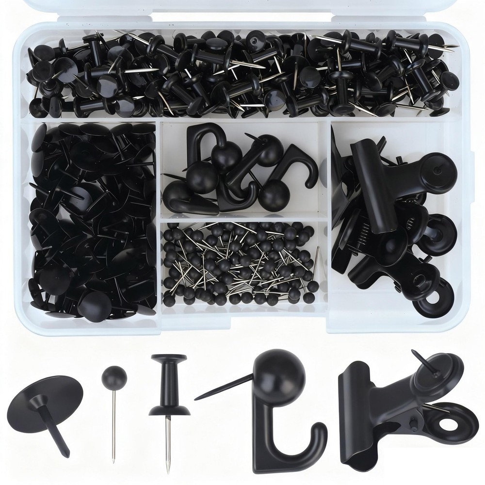 310 Pcs Black Push Pins Set,5-Style Decorative Thumb Tacks with Hooks & Clips...