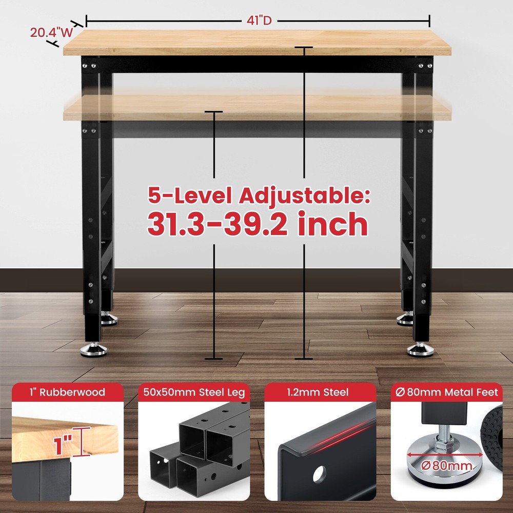 Workbench for Garage 41In Work Bench Table Adjustable Height Rubberwood