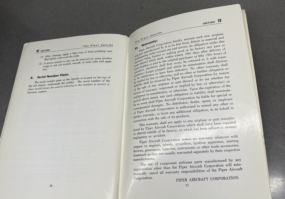 Vintage Apache Piper Airplane Owners Manual