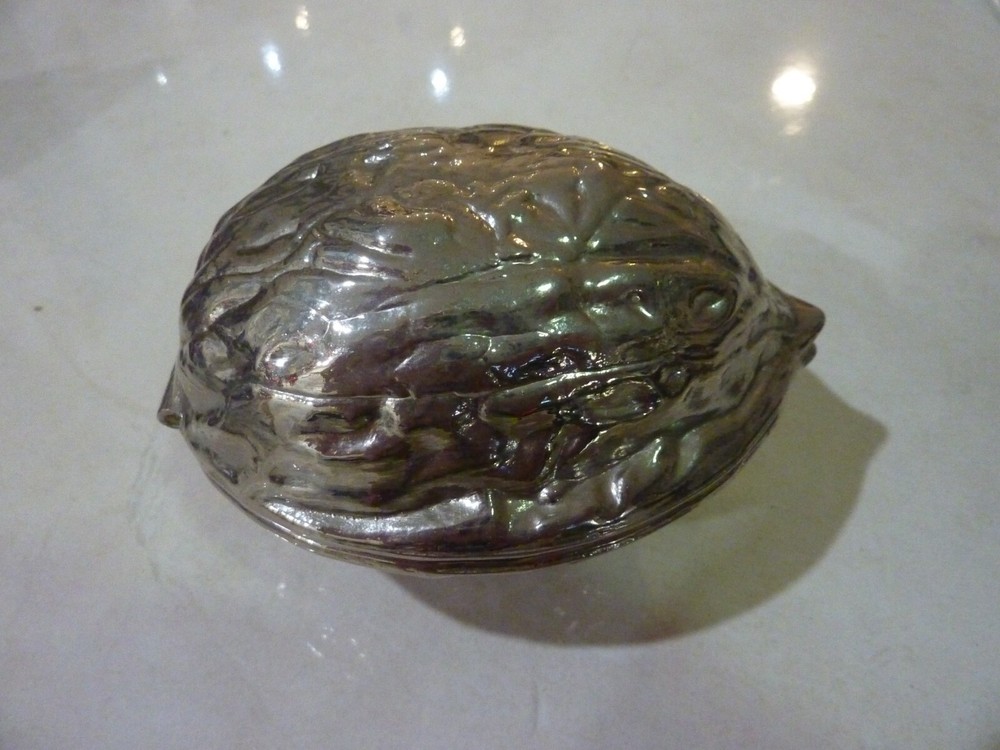 Vintage NUT CRACKER Silver Tone Metal Walnut Shaped Hinged 5”