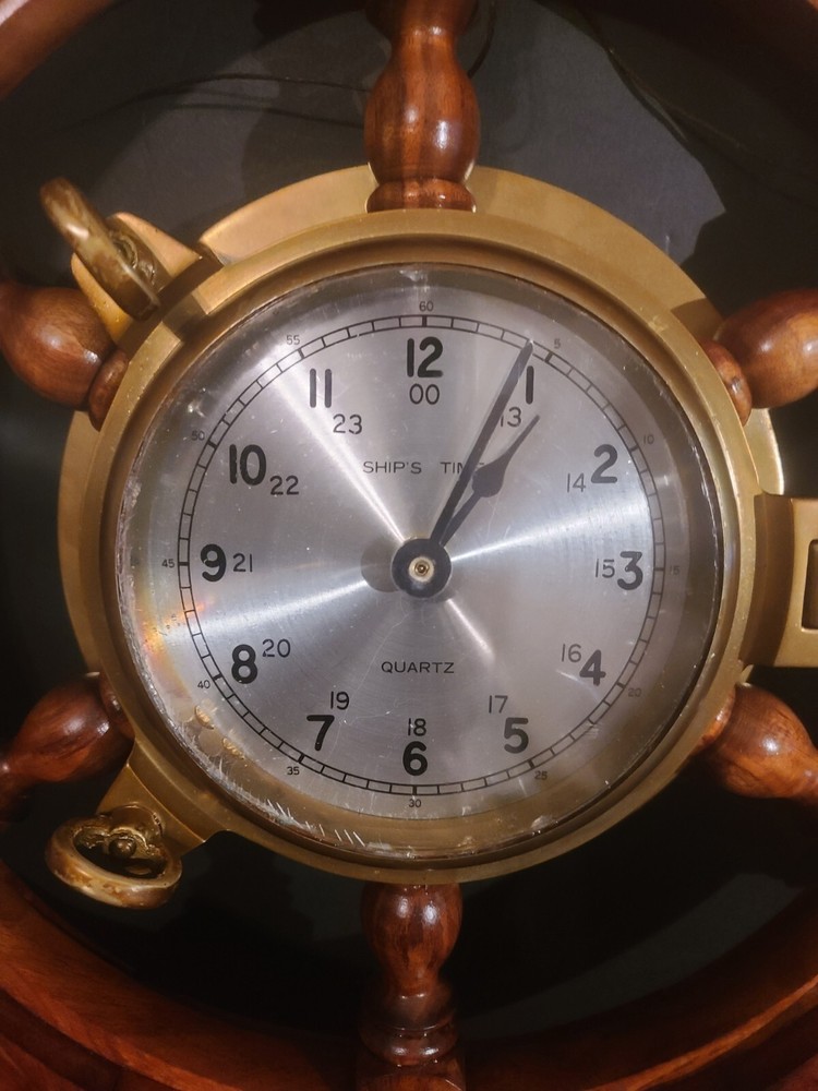 Wood Ships Wheel With Solid Brass Porthole Ships Time Quartz Clock, 24" Diameter