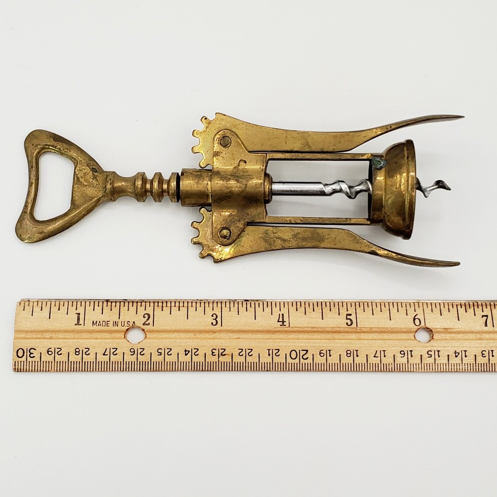 Vtg Solid Brass Corkscrew Bottle Opener Italy