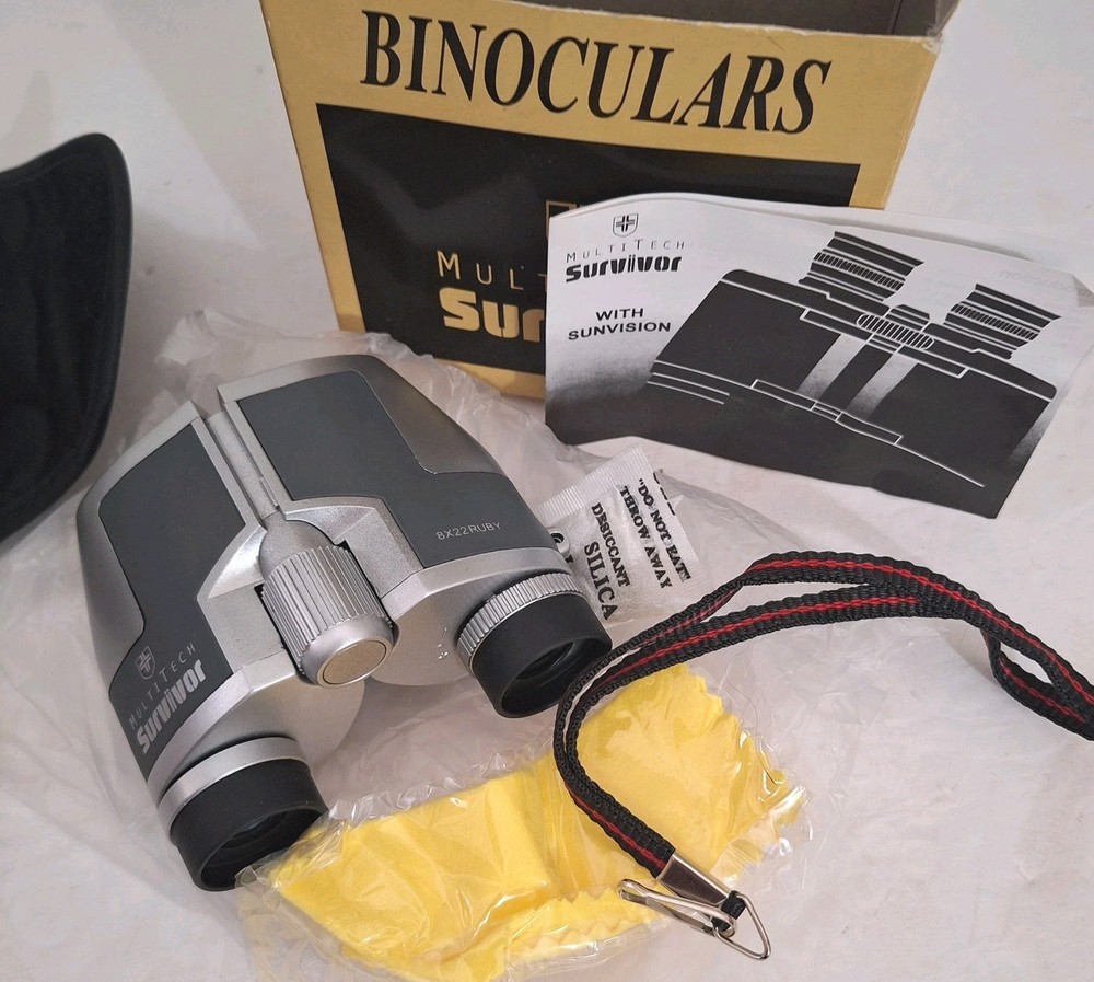 Multitech Survivor Silver Binoculars 8 x 22 Ruby Lens VGC (with case and covers)