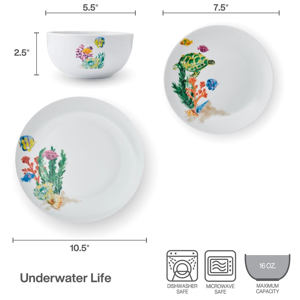 Studio Nova Underwater Life 12 Piece Porcelain Dinnerware Set White