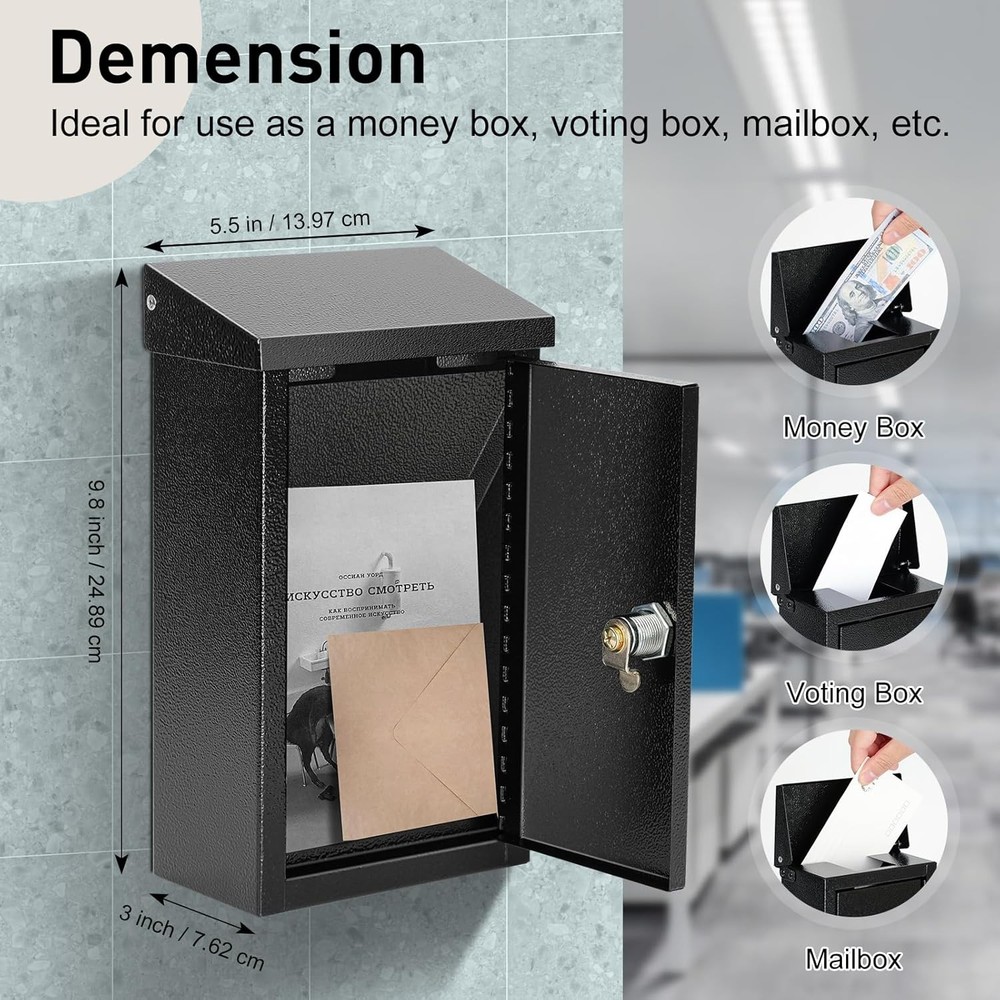 Wall-Mounted Key Drop Box with Key Lock, Metal Mailbox