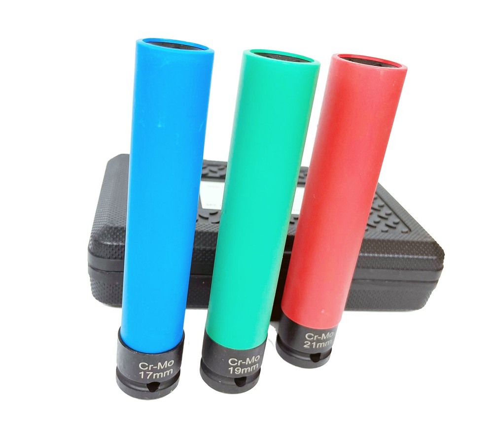 3PC 1/2" Dr. 17mm 19mm 21mm Thin Wall Extra Deep Alloy Wheel Nut Bolt Socket Set