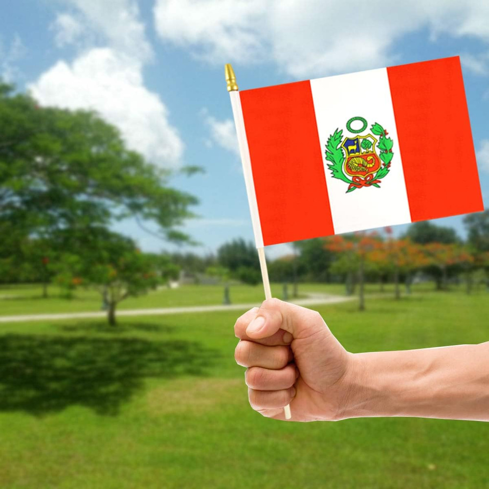 Peru Small Flag Peruvian Stick Mini Hand Held Flags - Solid Wooden Pole with Spe