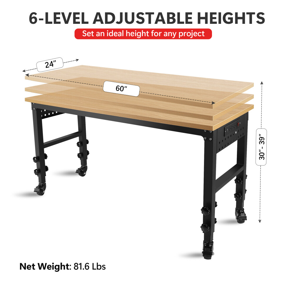 Rolling Heavy-Duty Adjustable Workbench with 4 Universal Wheels and 4Rubber Feet