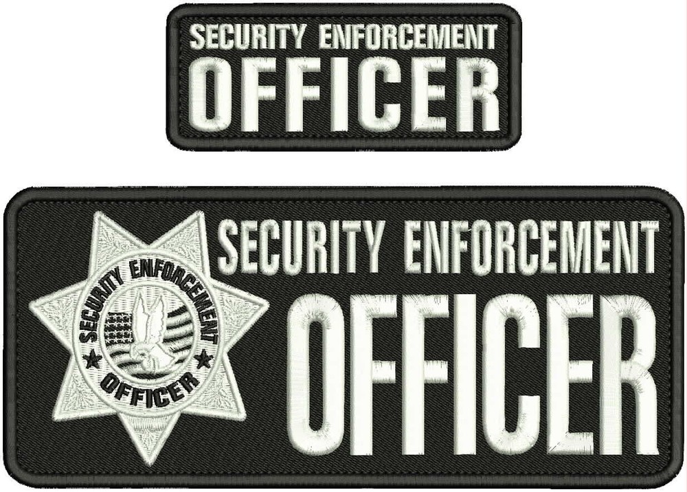 SECURITY ENFORCEMENT OFFICER EMB PATCH 4X10 AND 2X5 HOOK ON BACK WHITE ON BLACK