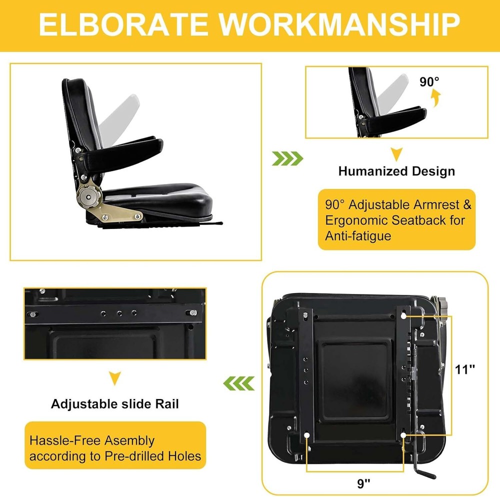 Universal Forklift Seat Replacement 45°-180° Adjustable Backrest & Armrests