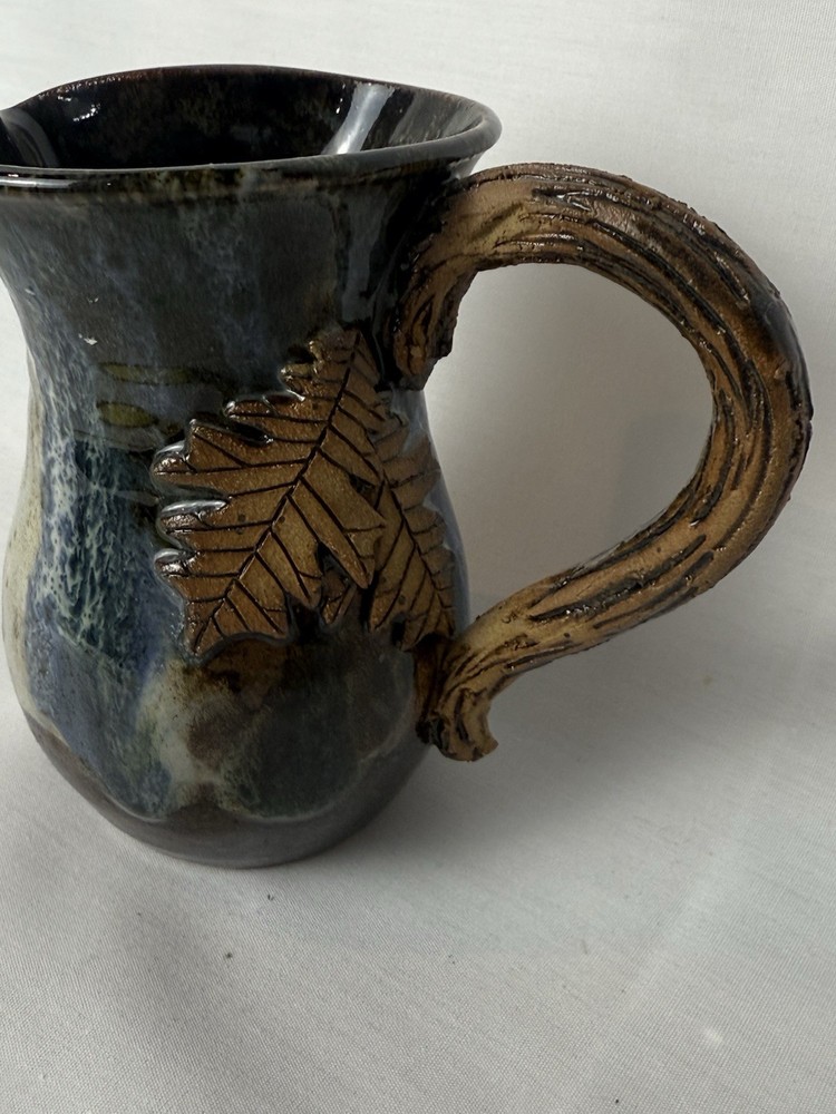 Signed Art Pottery Creamer Pitcher Small Handmade Leaf Brown Fall