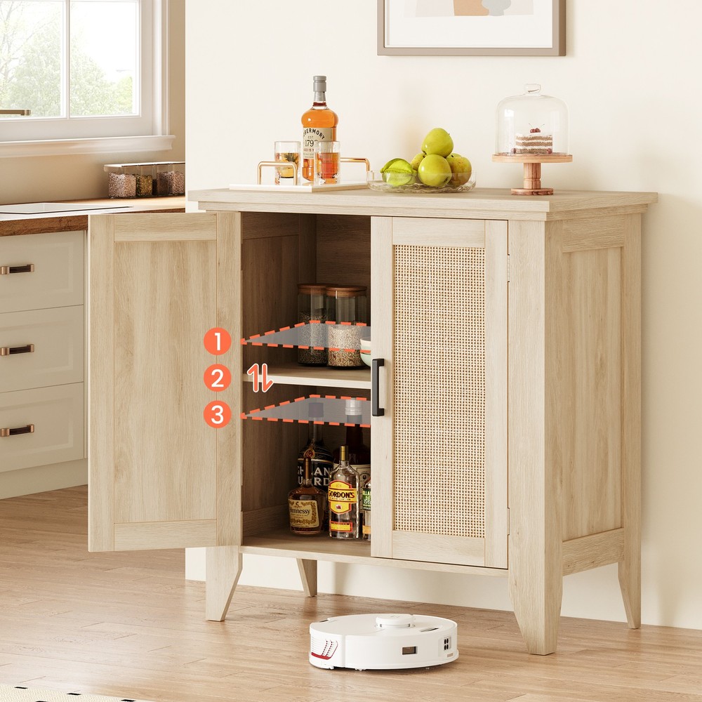 Buffet Cabinet for Storage, Kitchen Sideboard With Rattan Doors Adjustable Shelf