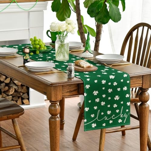 Lucky Shamrock St. Patrick's Day Table Runner, Table Runner, 13" x 72" Green