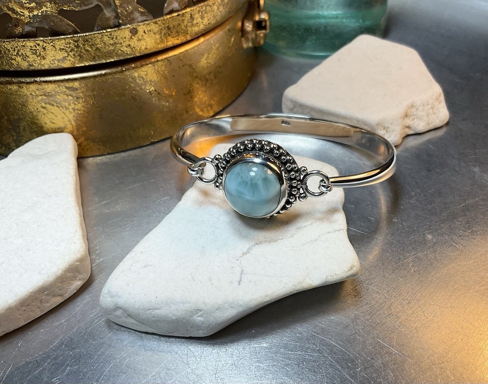 Genuine 925 Sterling Silver Larimar Gemstone Solid Clasp Bangle