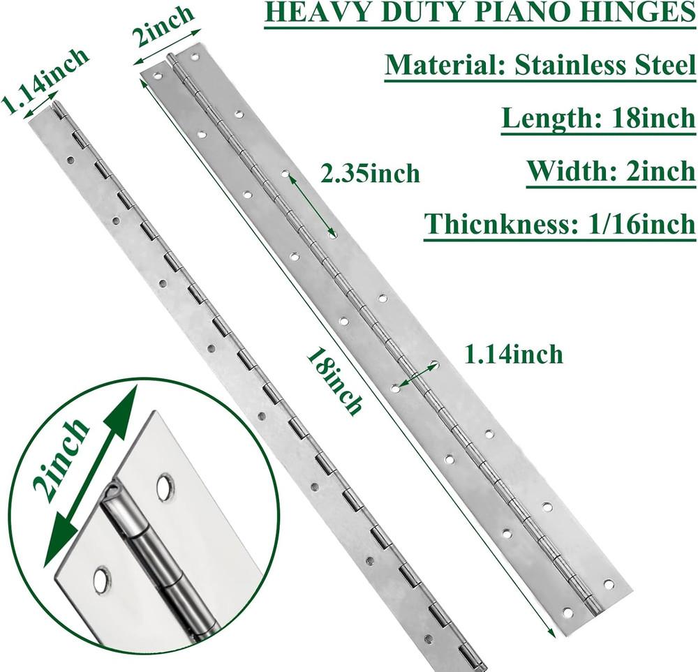 2Pack Heavy Duty Piano Hinge, 2" Open Width X 18" Continuous & Piano Hinges, 0.0