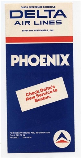 Delta Airlines Time Table 1982 Quick Reference Schedule for Phoenix