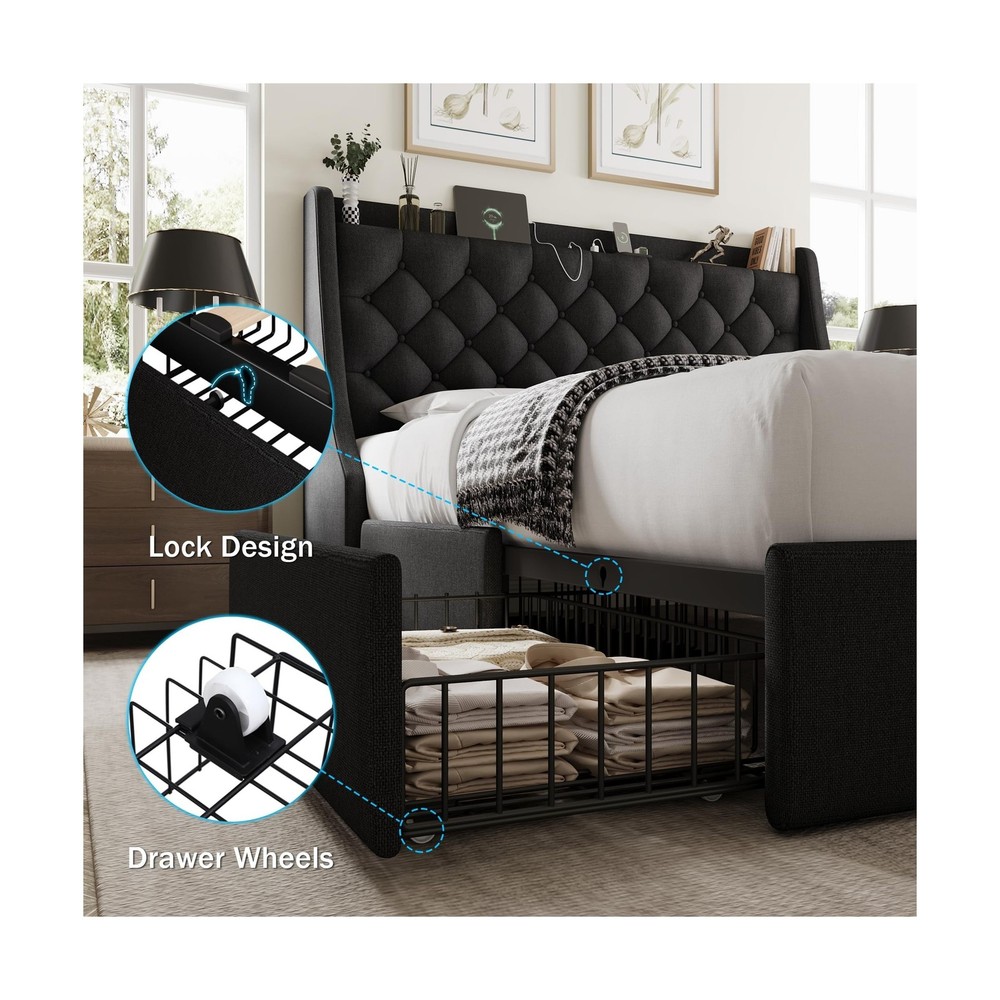 Queen Bed Frame with 4 Storage Drawers, Giant Upholstered Wingback Headboard,...