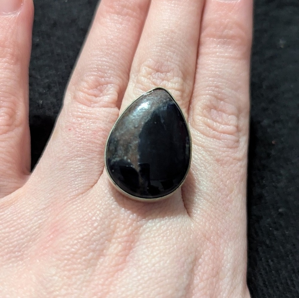 Silver Plated Blue Brown Sodalite Gemstone Teardrop Statement Ring - 8