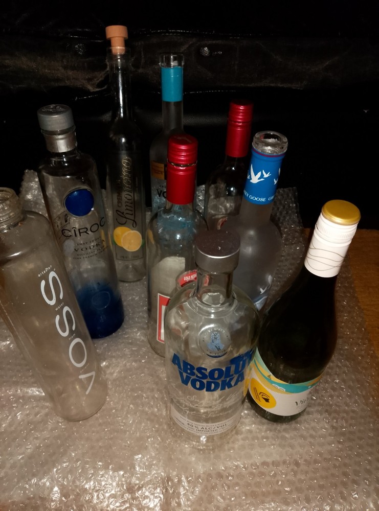 9 empty Spirit Bottles for different types