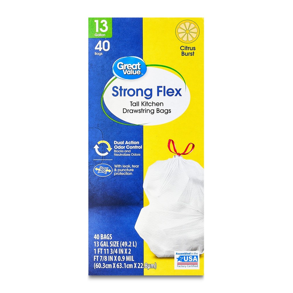 Strong Flex 13-Gallon Drawstring Tall Kitchen Trash Bags, Citrus Burst, 40 Count