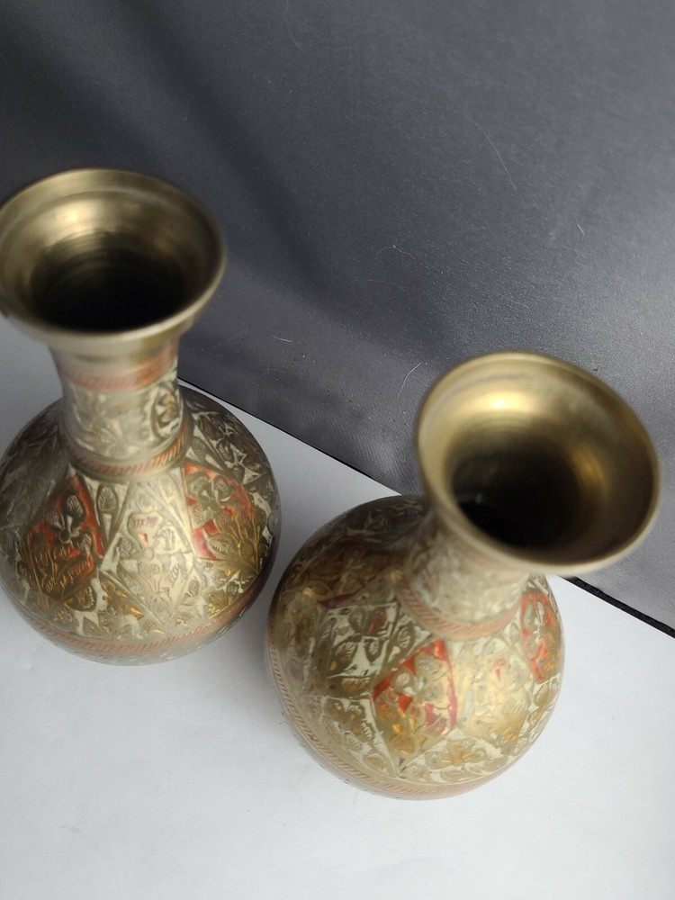 Vintage Pair Small Carved Brass Vases