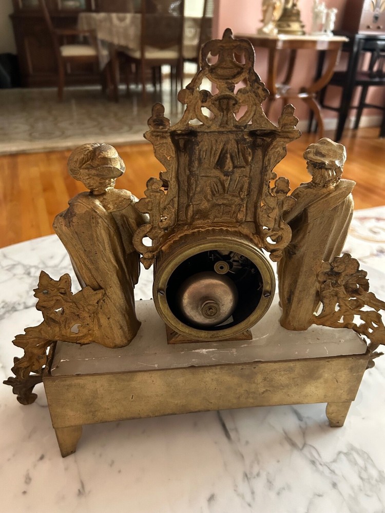 French Romantic Gilded Table clock double statue painter poet alabaster base