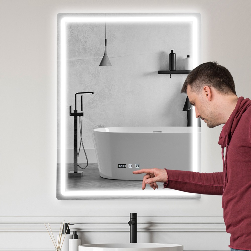 LED Dimmable Bathroom Mirror w/ Light Anti-Fog Smart Vanity Mirror Time Display