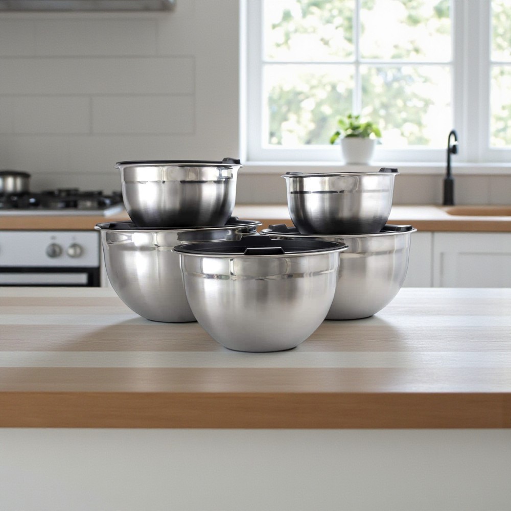 Mixing Bowl Set Stackable Stainless Steel Silver Color Plastic Lids 5-Piece