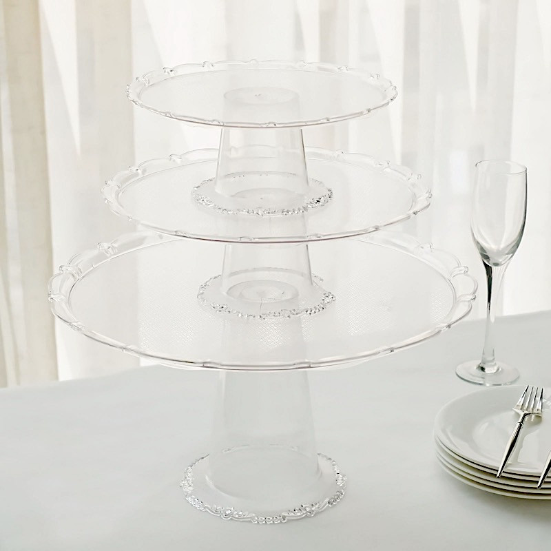 3 CLEAR Plastic Stackable Pedestals Round CUPCAKE Display STANDS Set Party Event