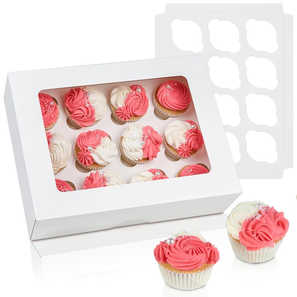 4 Pack Auto-Popup Cupcake Boxes 12 Count White Cupcake Containers with Window...