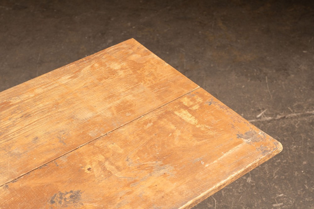 Early Industrial Oak Plank Table with Cast Iron Machine Base