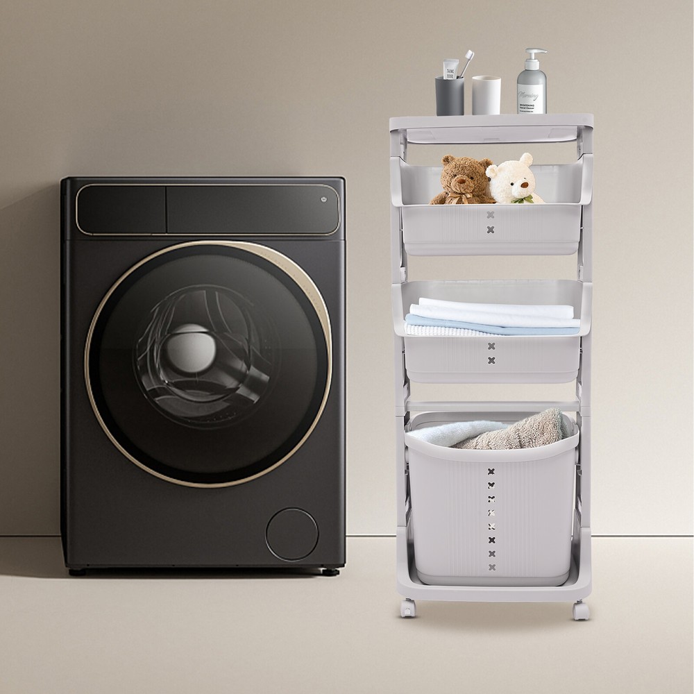 4-Tier Rolling Plastic Laundry Basket Removable Laundry Hamper w/ Wheels Gray