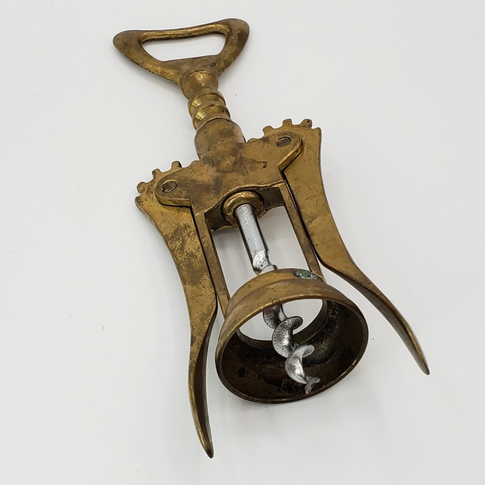 Vtg Solid Brass Corkscrew Bottle Opener Italy