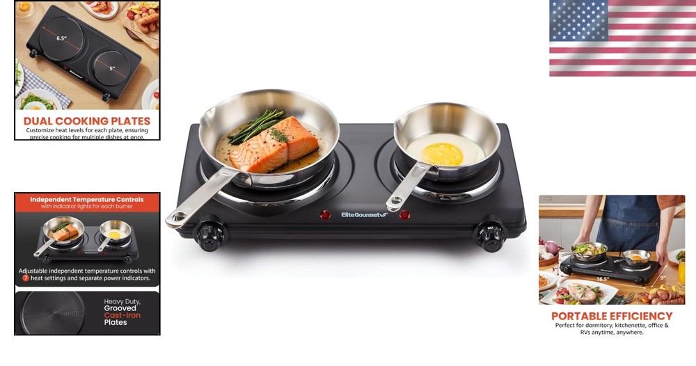 Compact Double Cast Iron Hot Plate - 1500 Watts with Easy Temperature Control