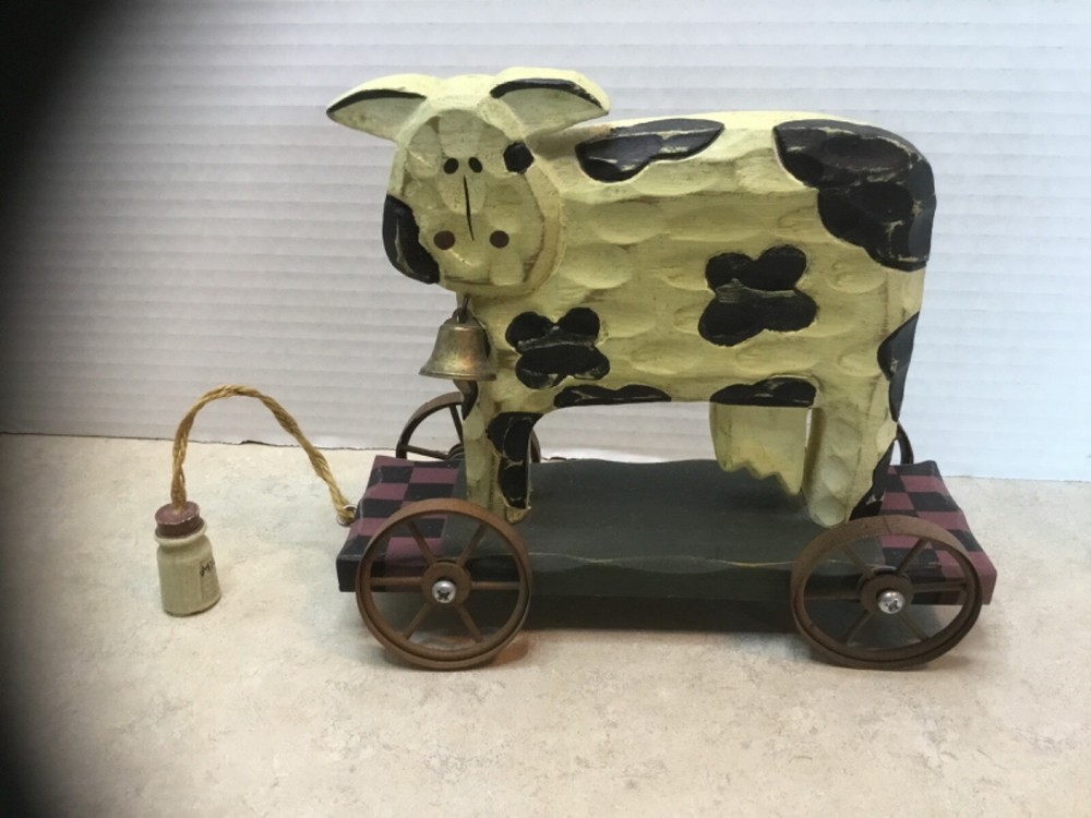 Primitive Wooden Cow Pull Toy with Bell Milk Bottle Pull