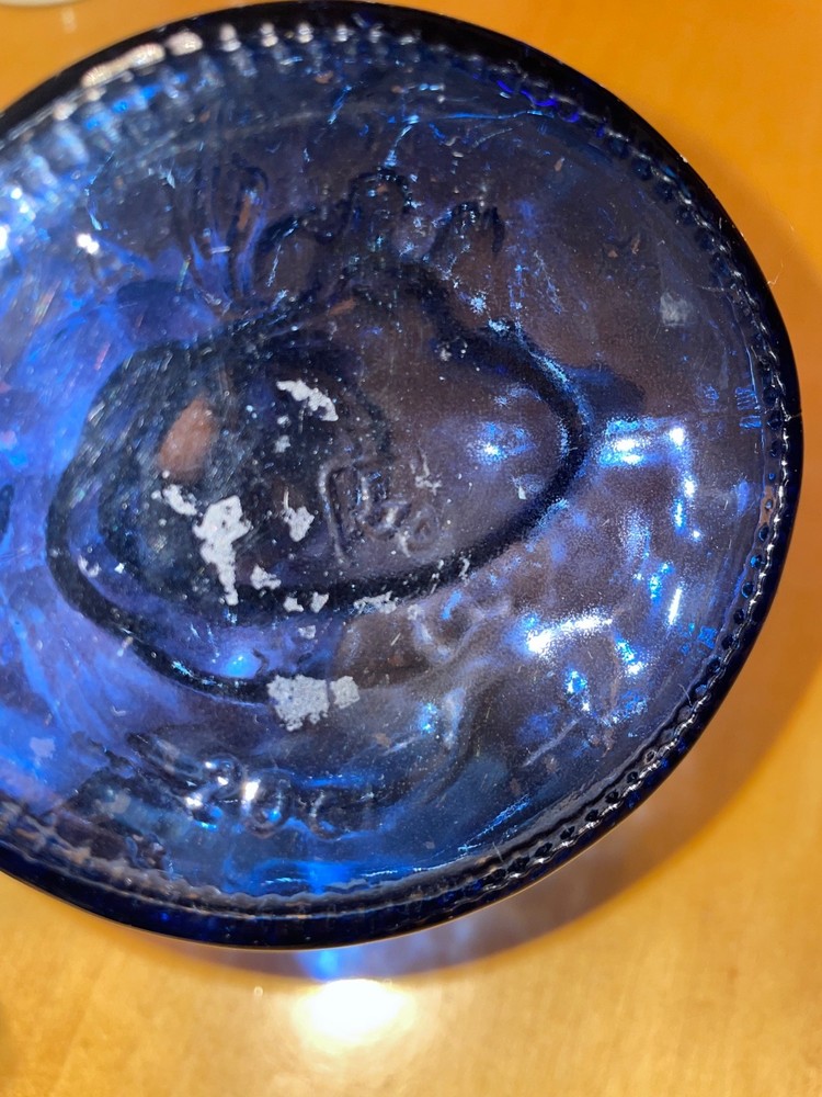 Vintage Crescent Moon Face cherub flashed Cobalt Blue Glass